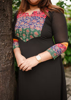 [PBC1016] – Black Heritage Yoke Cotton Ajrakh Patchwork Georgette | Made-to-Order