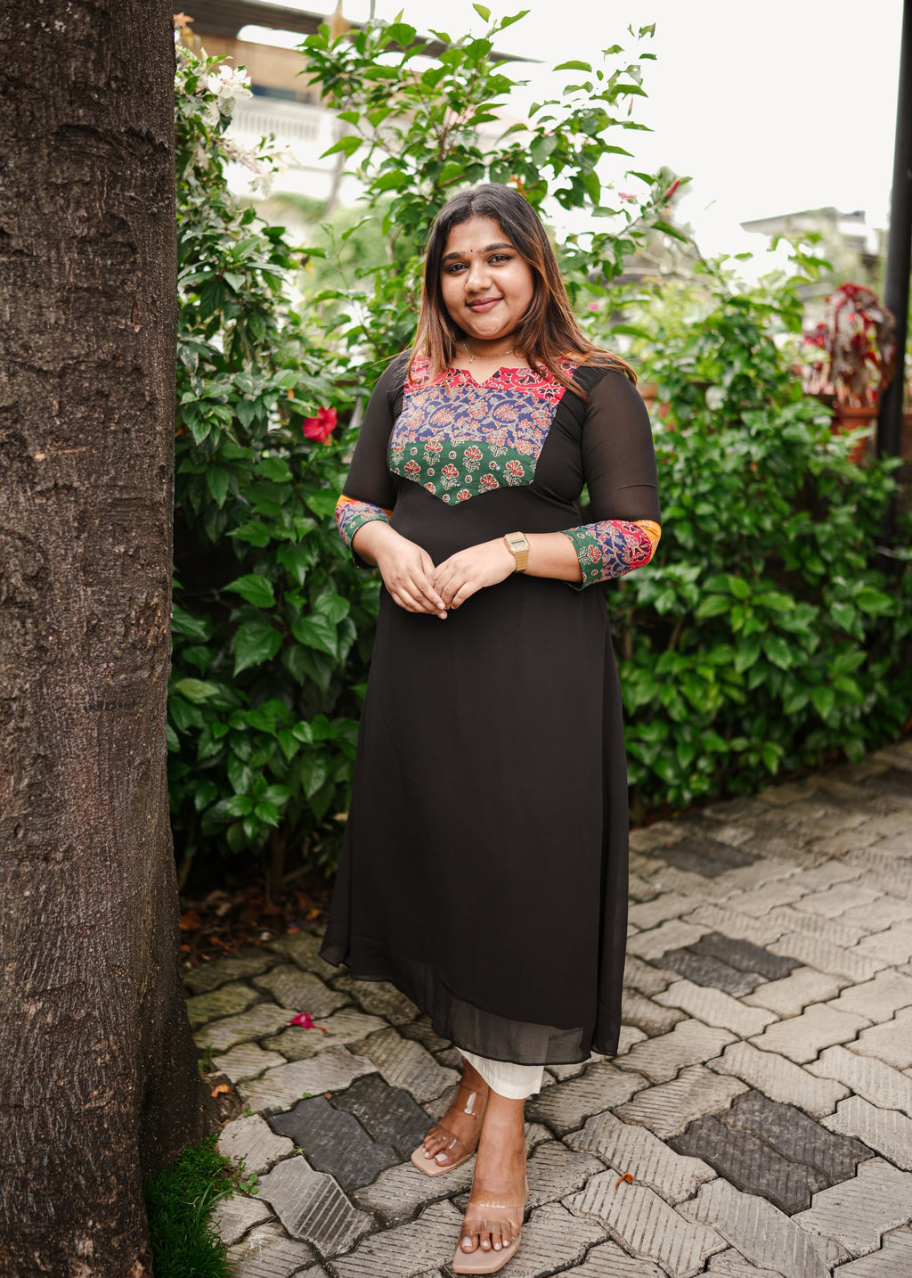 [PBC1016] – Black Heritage Yoke Cotton Ajrakh Patchwork Georgette | Made-to-Order