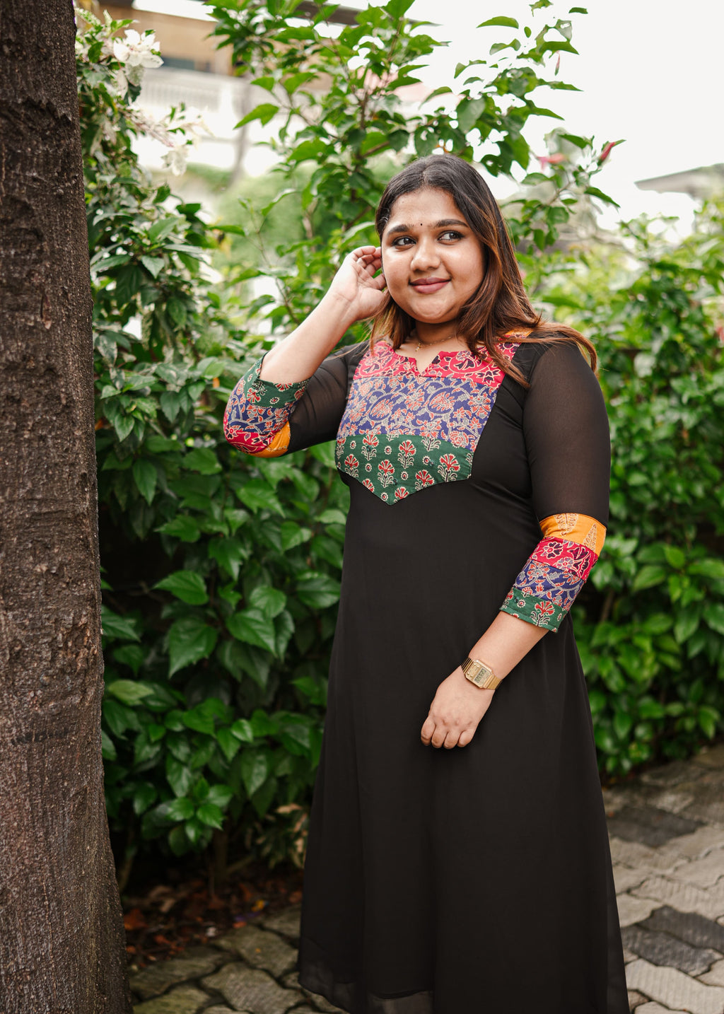 [PBC1016] – Black Heritage Yoke Cotton Ajrakh Patchwork Georgette | Made-to-Order