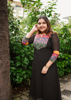[PBC1016] – Black Heritage Yoke Cotton Ajrakh Patchwork Georgette | Made-to-Order