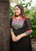 [PBC1016] – Black Heritage Yoke Cotton Ajrakh Patchwork Georgette | Made-to-Order