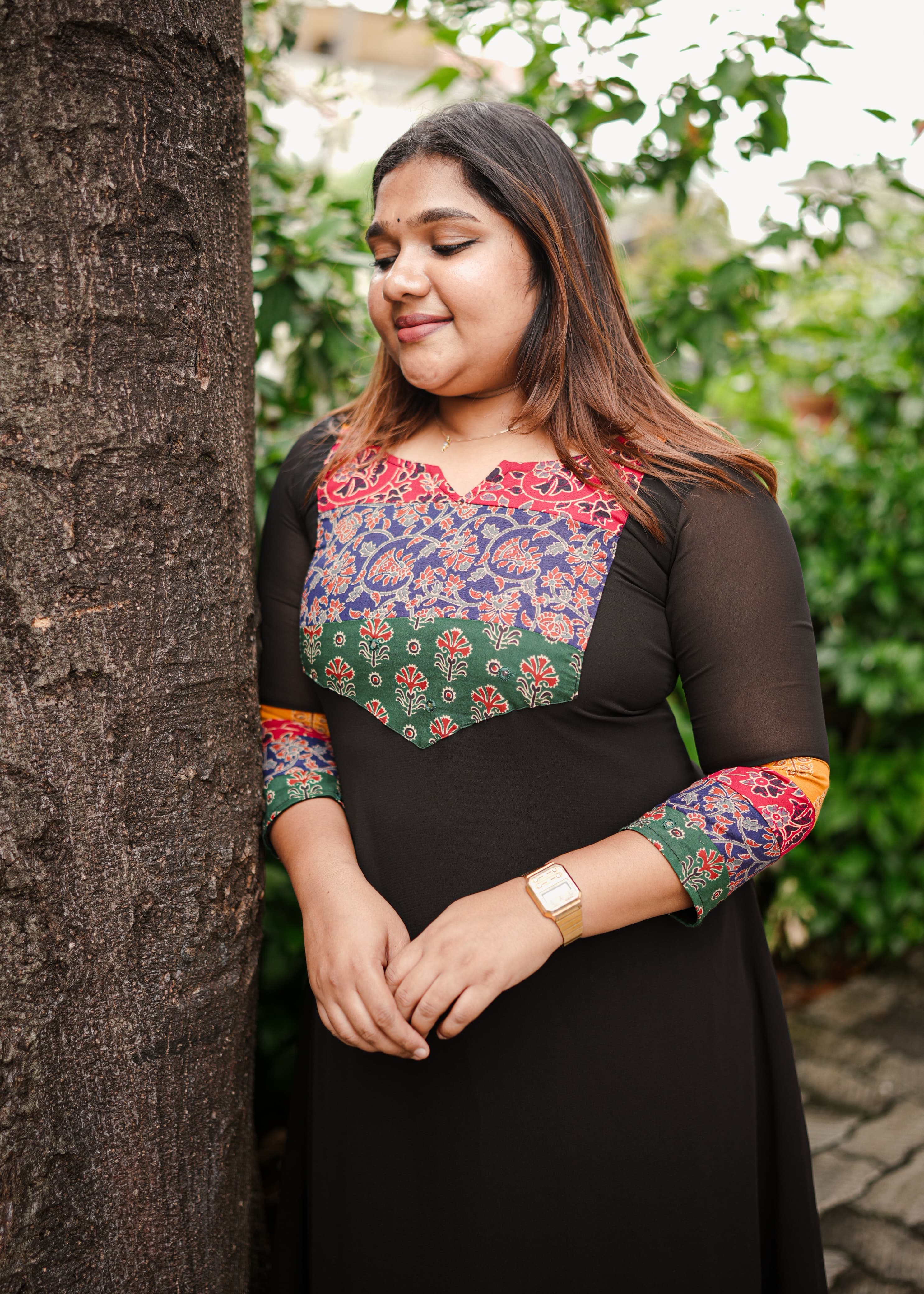[PBC1016] – Black Heritage Yoke Cotton Ajrakh Patchwork Georgette | Made-to-Order