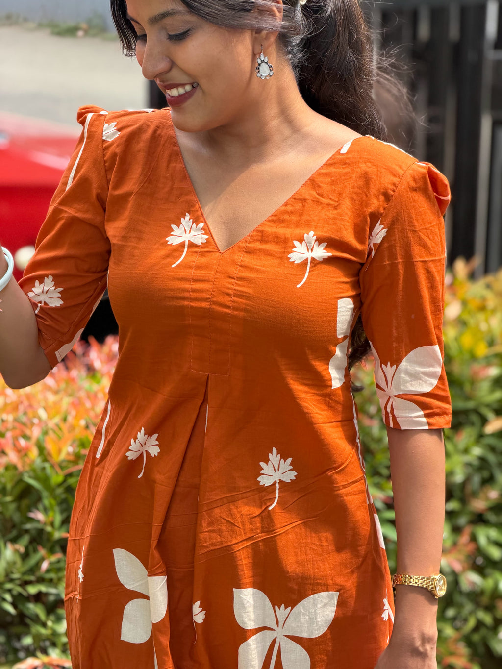 [PBC1021] – Rust Orange Botanical Jaipur Soft Cotton | Made-to-Order