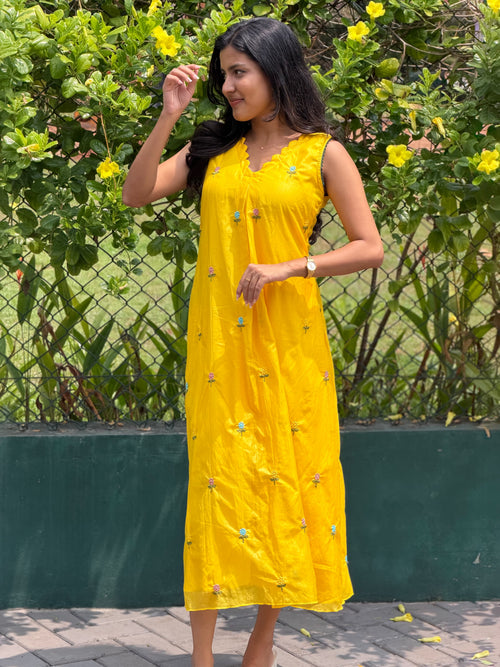 [PBC1010] – Sunshine Yellow Embroidered Mul Chanderi | Made-to-Order