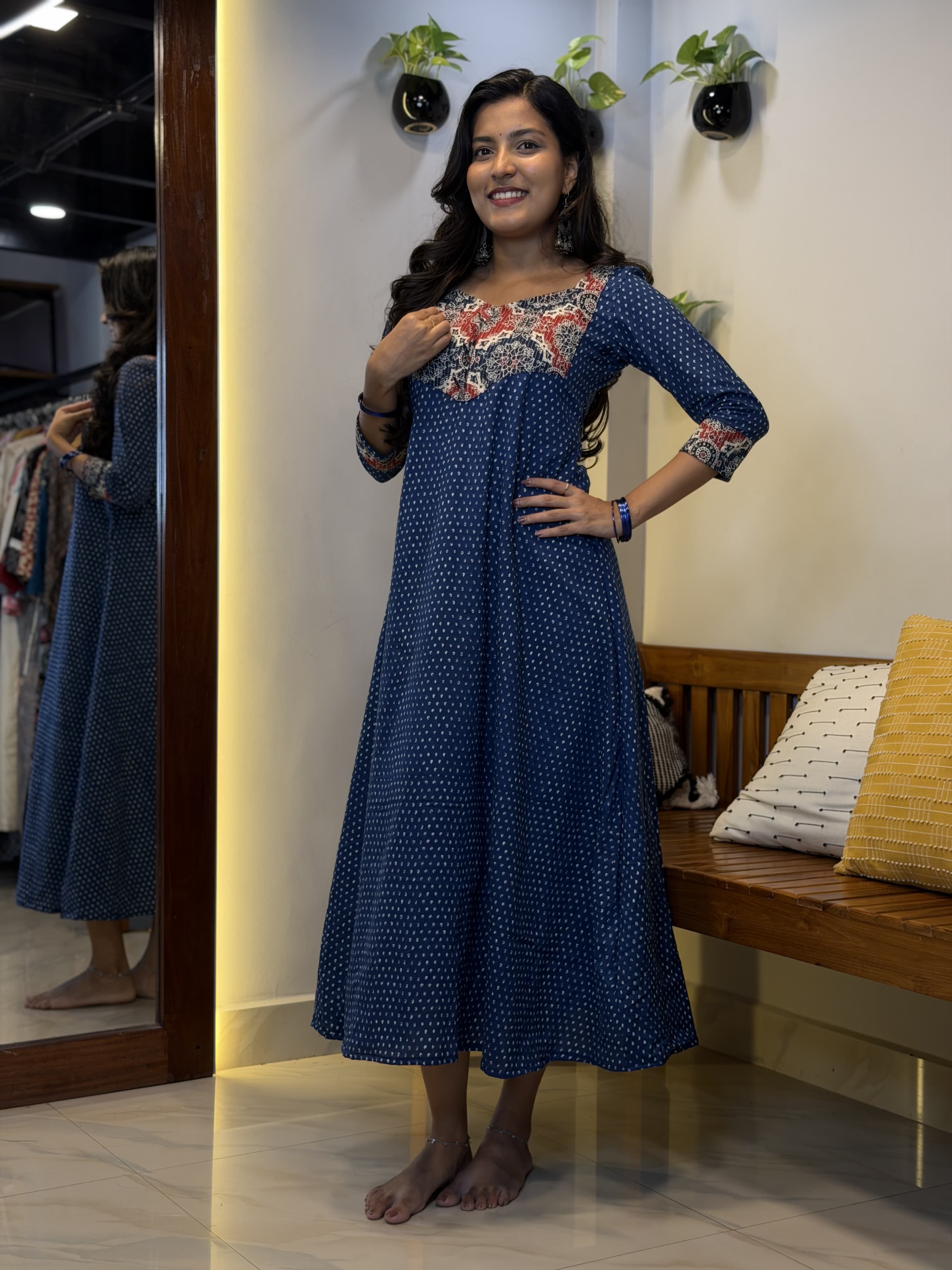 [PBC1001] Indigo Booti Jaipur Soft Cotton A-Line Kurti – full-length front view
