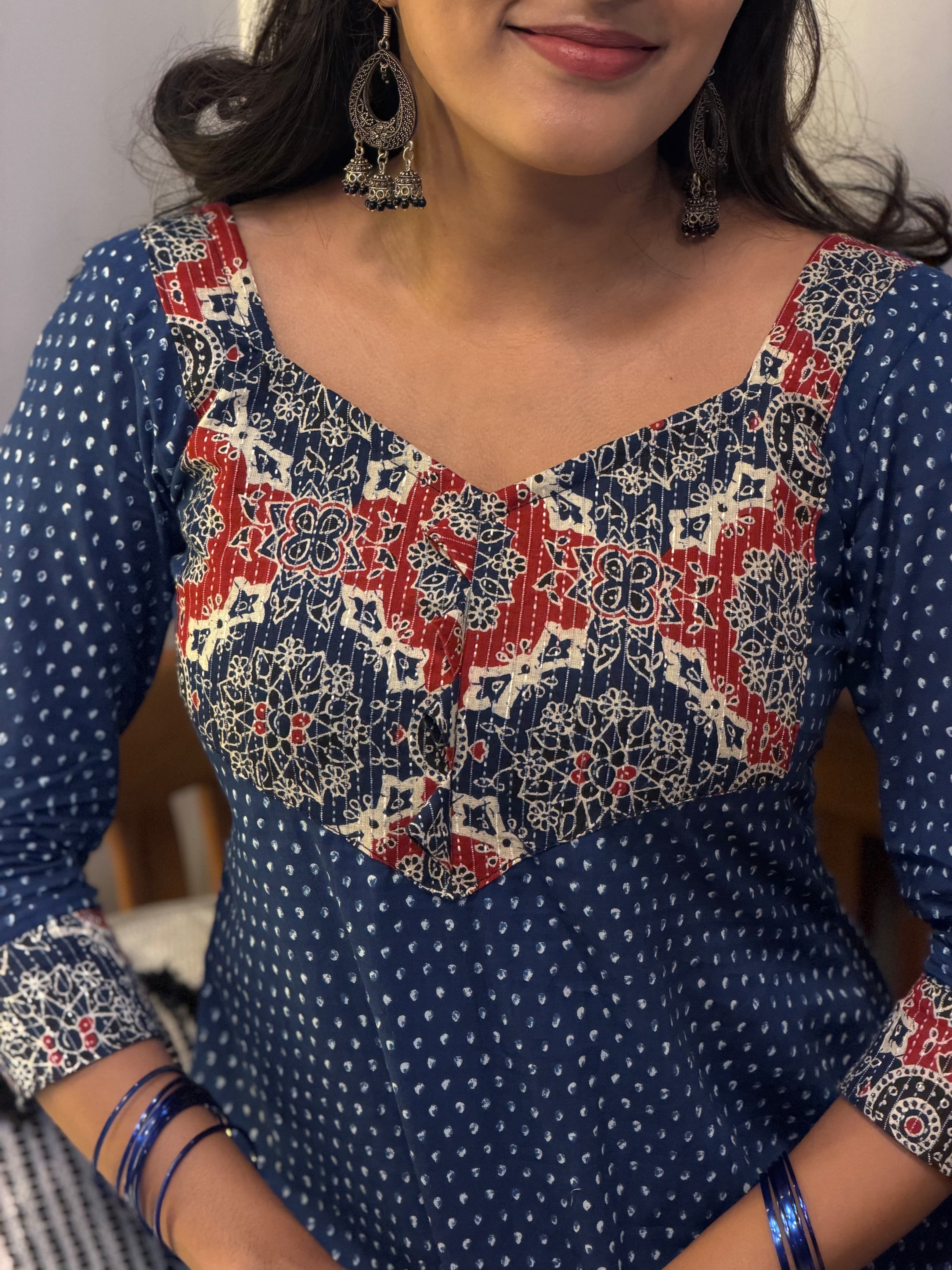Close-up of hand-block printed yoke on [PBC1001] – red and cream floral-paisley motifs on navy cotton
