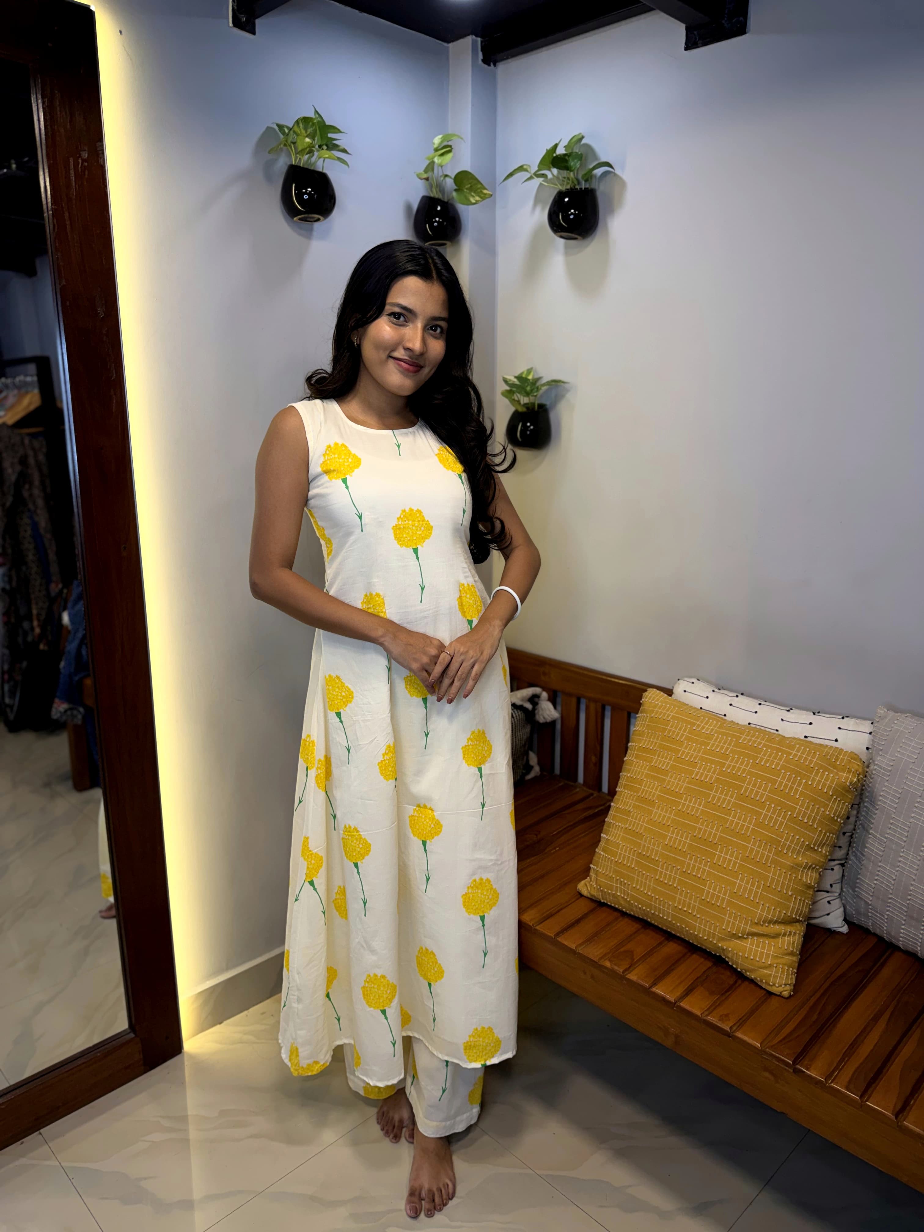 [PBC1002] Ivory Marigold Jaipur Soft Cotton A-Line Kurti – full-length front view with matching print bottoms