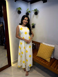 [PBC1002] Ivory Marigold Jaipur Hand-Block Cotton A-Line Kurti – full-length front view with matching print bottoms