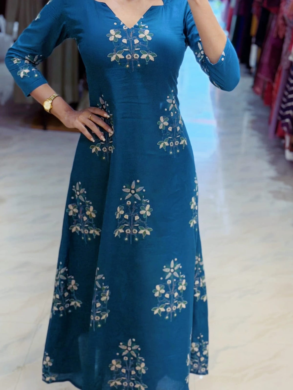 [PBC1003] Teal Floral Jaipur Hand-Block Cotton A-Line Kurti – full-length front view, indoor