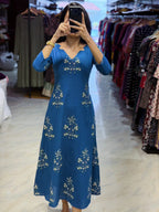 [PBC1003] Teal Floral Jaipur Hand-Block Cotton A-Line Kurti – full-length mirror selfie showing silhouette