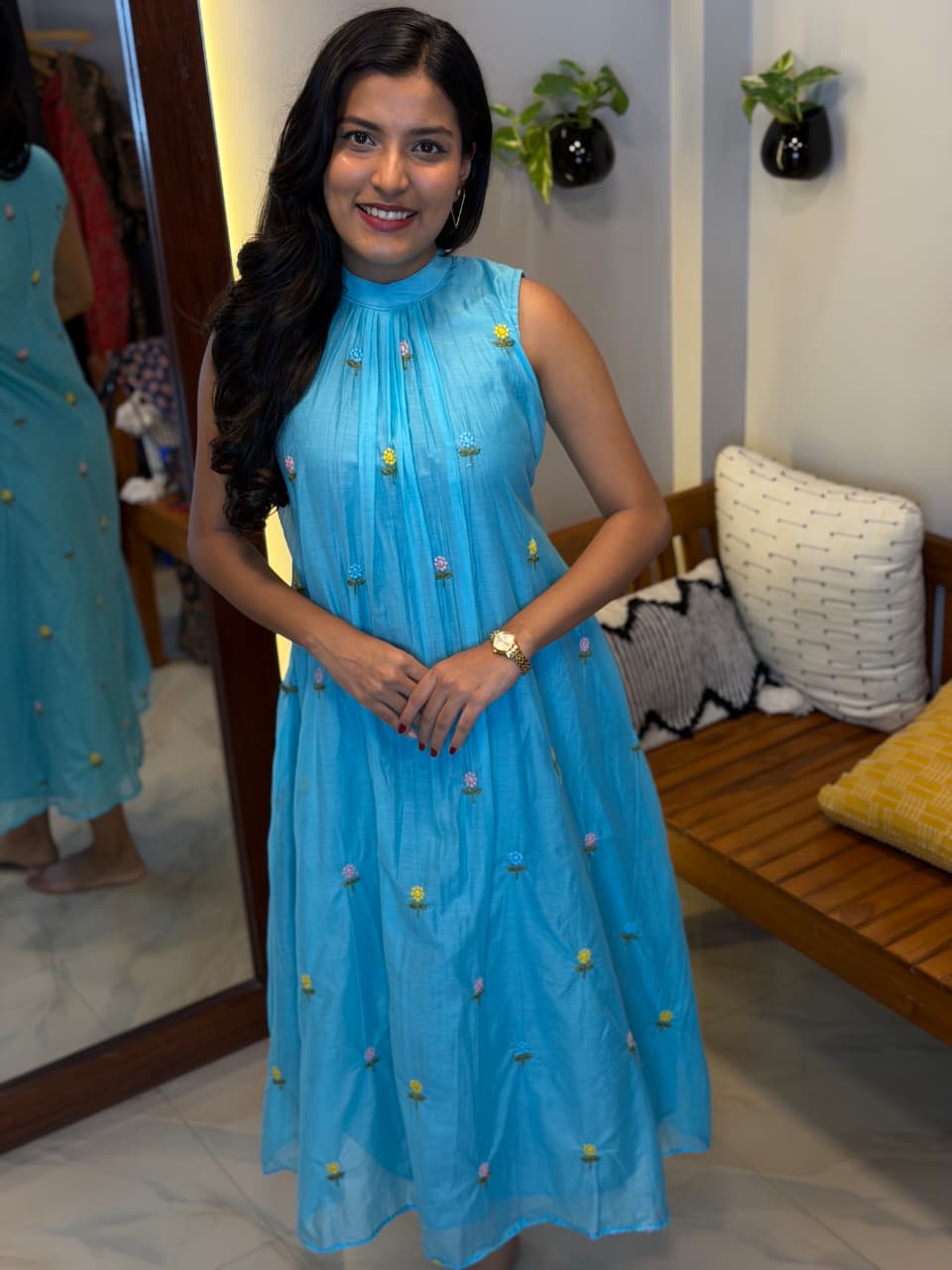 [PBC1004] Sky Blue Embroidered Handloom Chanderi Silk Frill Dress – full-length angled view