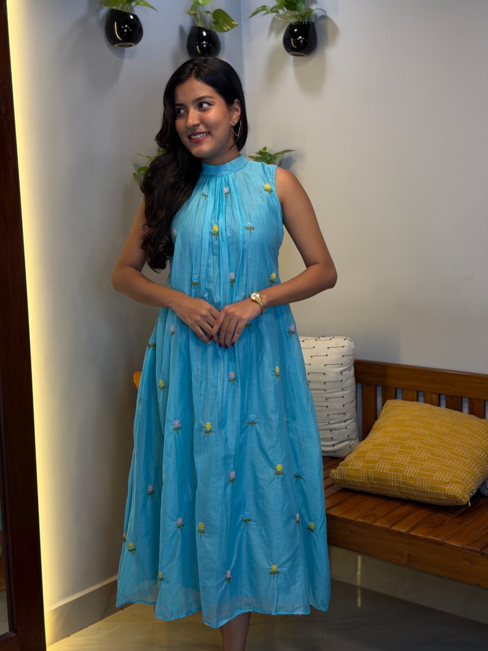 [PBC1004] Sky Blue Embroidered Handloom Chanderi Silk Frill Dress – full-length profile view showing drape
