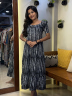 [PBC1005] Midnight Shibori Jaipur Soft Cotton A-Line Kurti – full-length front view, indoor studio
