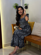 [PBC1005] Midnight Shibori Jaipur Soft Cotton A-Line Kurti – full-length seated view on bench