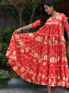 [PBC1006] Blooming Rose Jaipur Hand-Block Cotton – red colourway, three-quarter view showing fabric drape