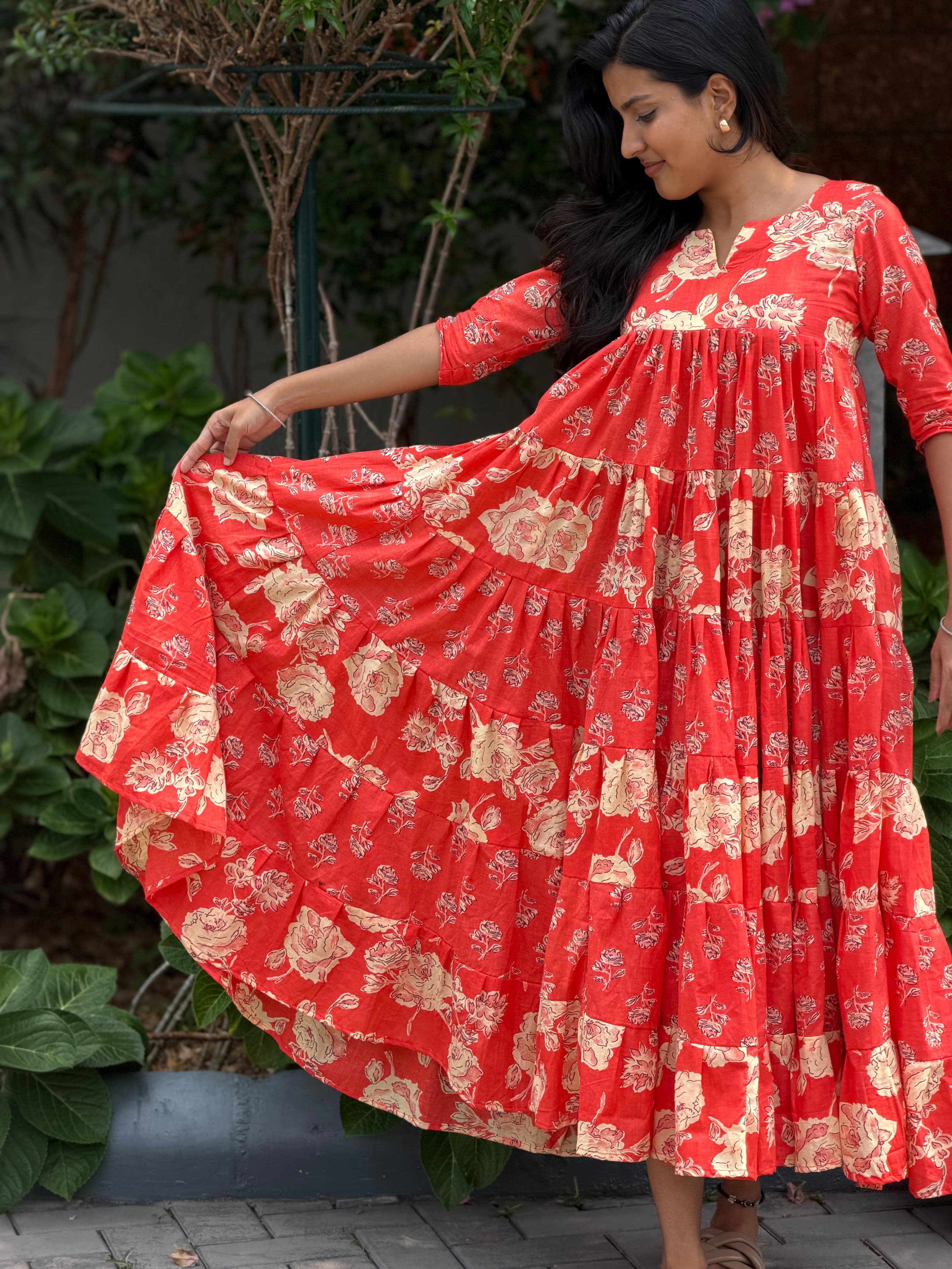 [PBC1006] Blooming Rose Jaipur Hand-Block Cotton – red colourway, three-quarter view showing fabric drape