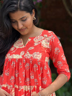 Close-up of yoke on [PBC1006] – hand-block rose print detail, red colourway