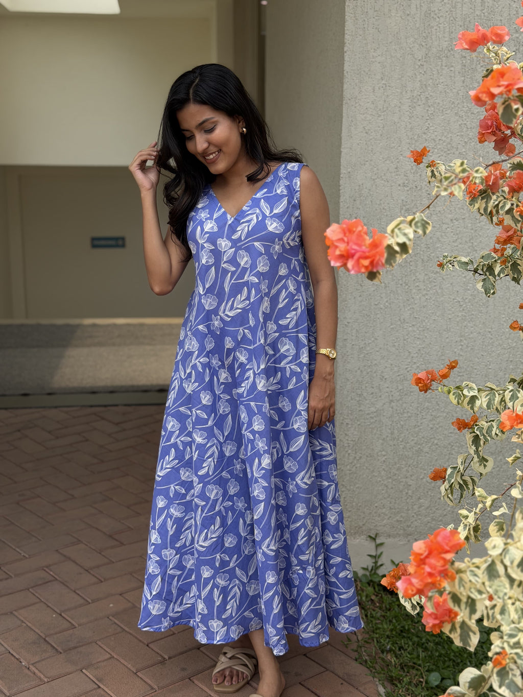 [PBC1007] Periwinkle Tulip Jaipur Hand-Block Cotton Frill Dress – full-length front view with bougainvillea