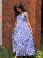 [PBC1007] Periwinkle Tulip Jaipur Hand-Block Cotton Frill Dress – full-length front view against brick wall