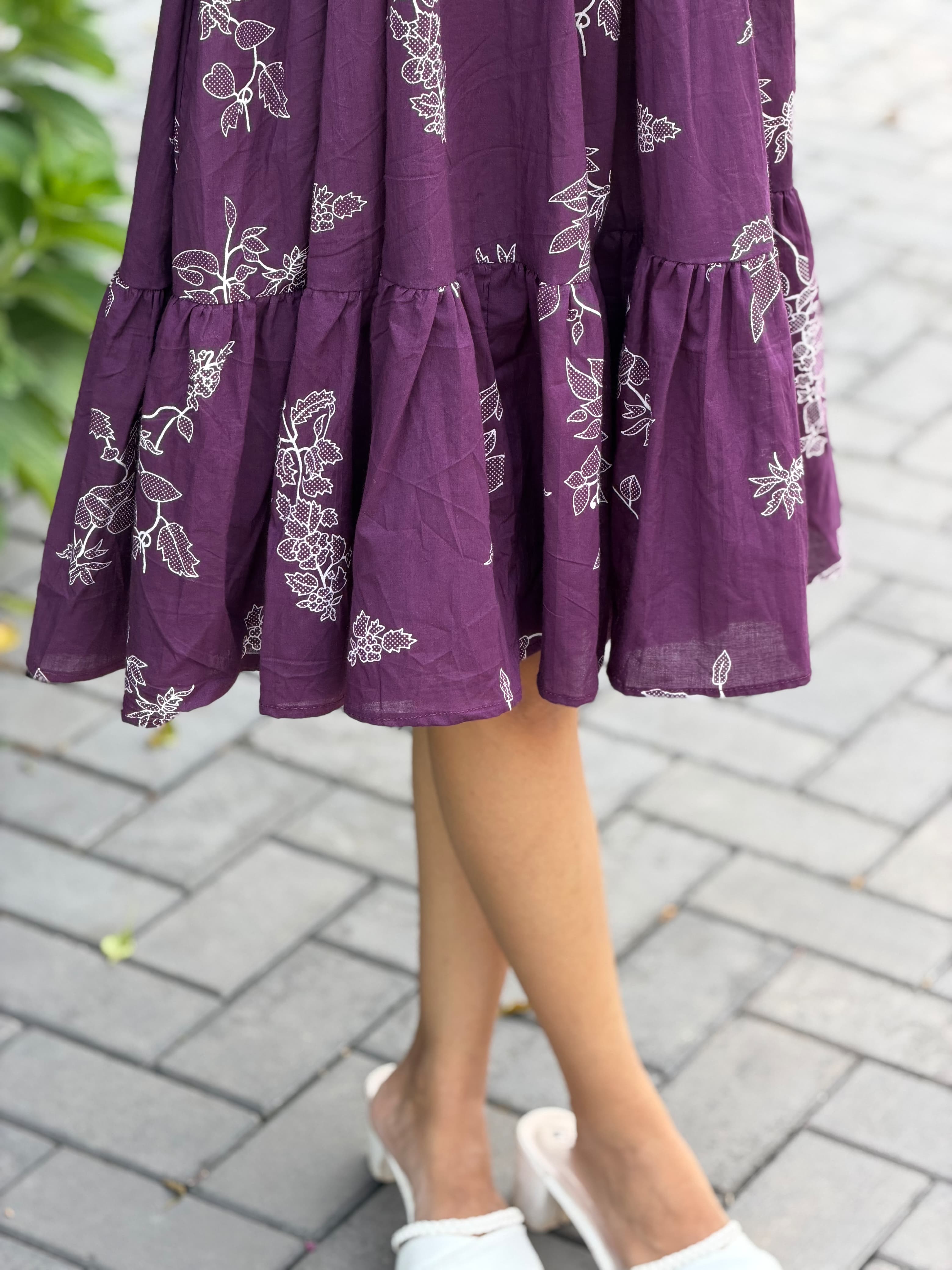 Hem and frill detail of [PBC1009] Royal Plum Botanical Frill A-Line Kurti – showing fabric and tier