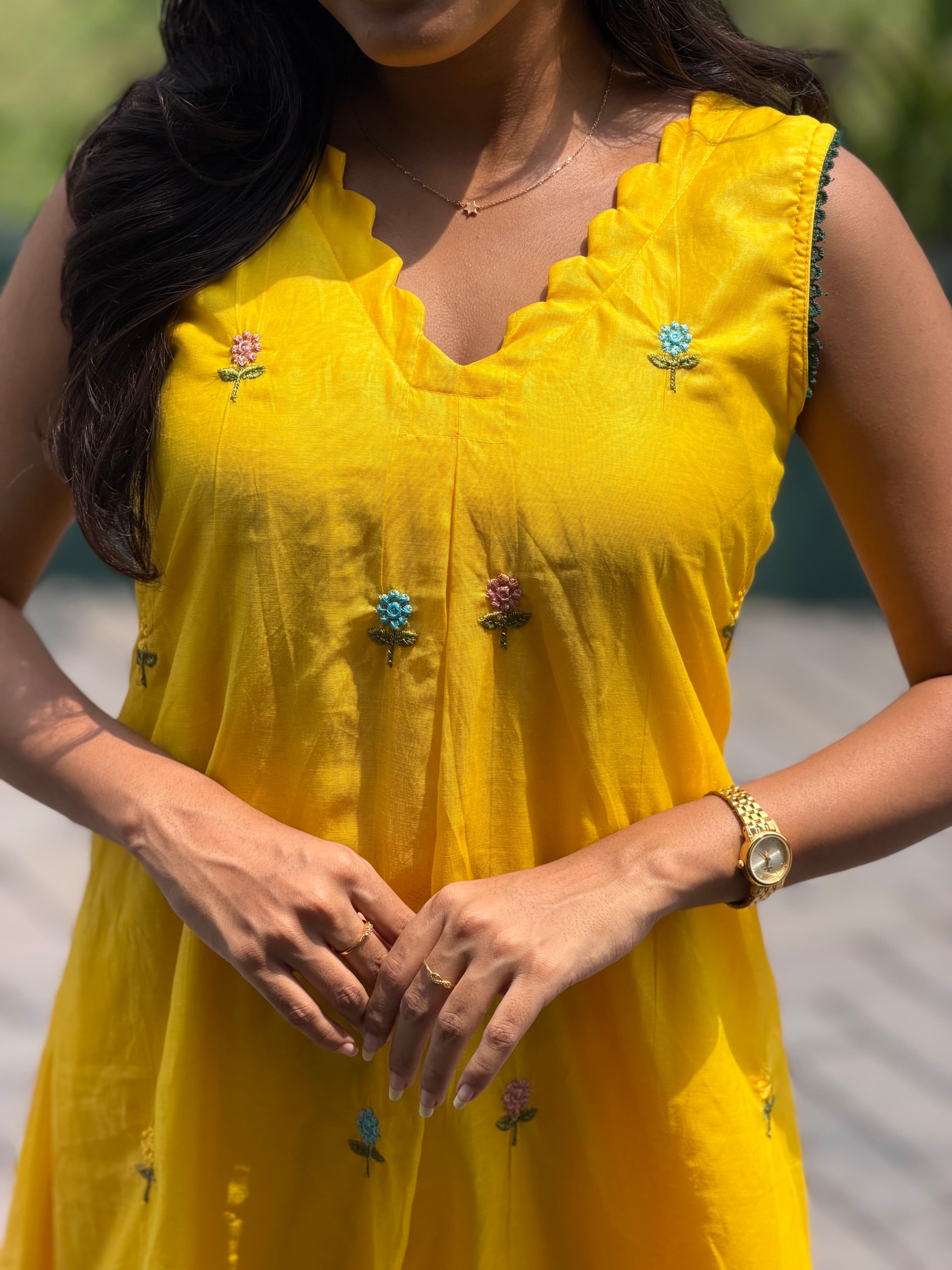 [PBC1010] Sunshine Yellow Embroidered Handloom Chanderi Silk – upper body view showing neckline and embroidery