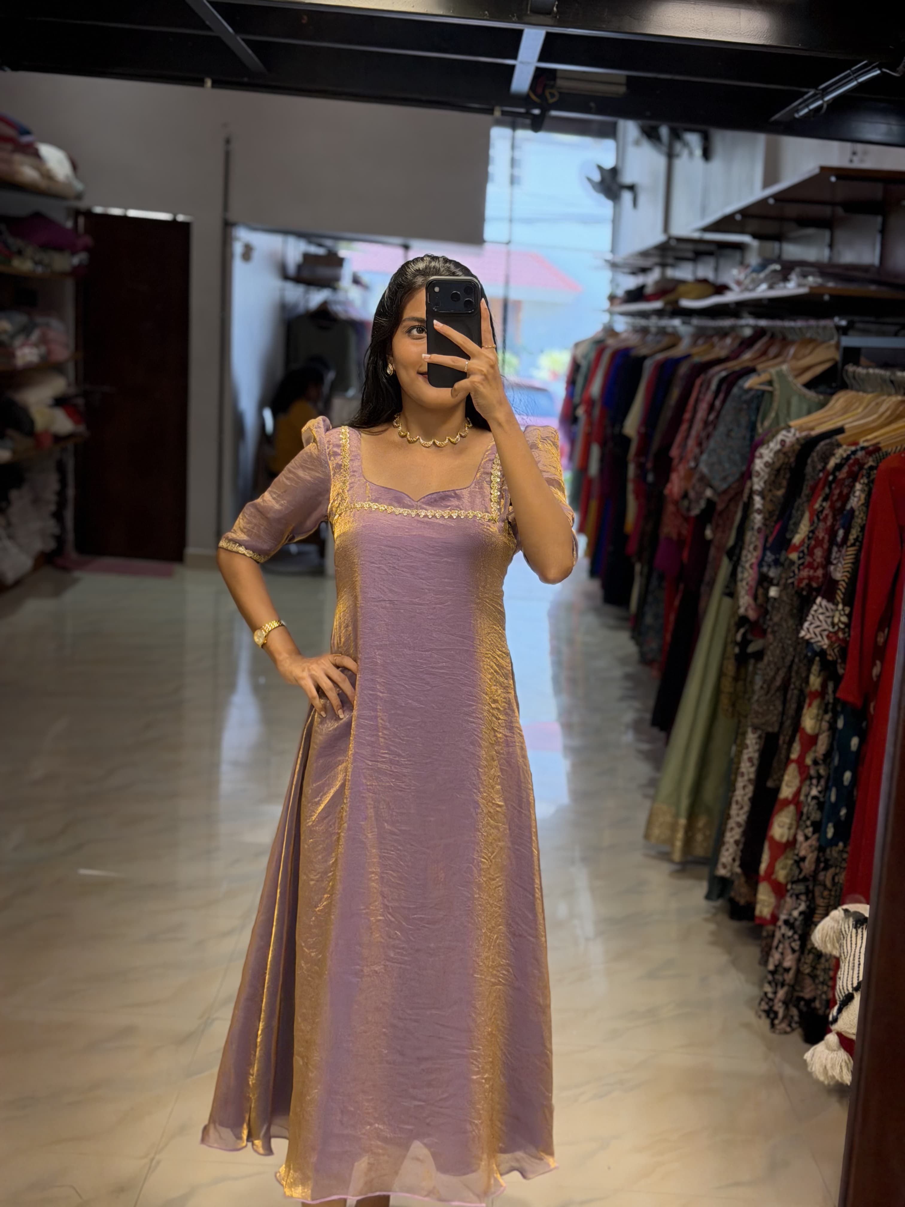 [PBC1012] Lavender Gold Luxury Monogram Twill A-Line Kurti – full-length mirror selfie in showroom