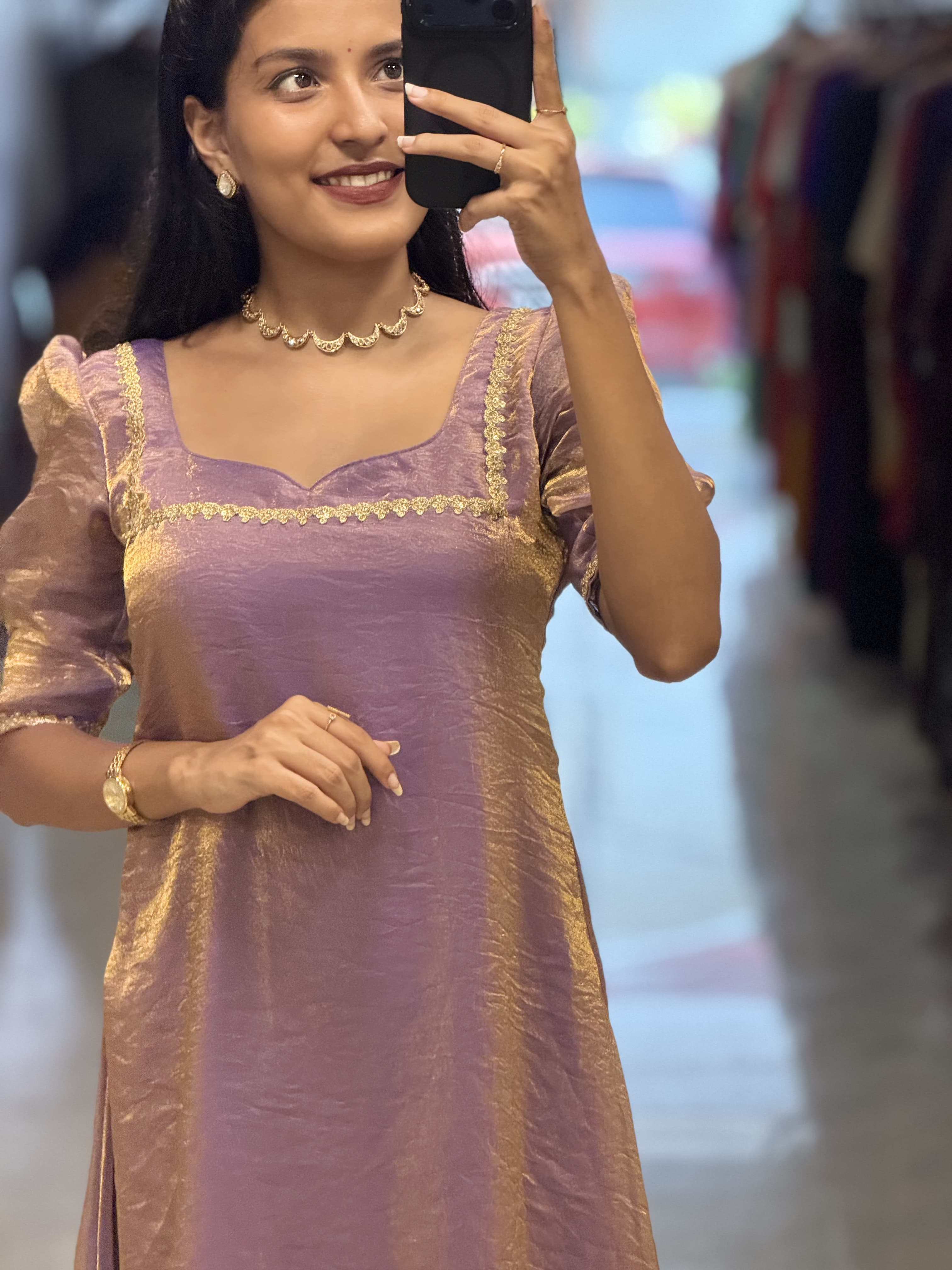 [PBC1012] Lavender Gold Luxury Monogram Twill – upper body mirror selfie showing neckline and gold trim