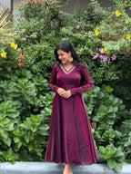 [PBC1013] Deep Magenta Luxury Monogram Twill Umbrella-Cut Anarkali – full-length front view, outdoor garden