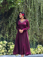 [PBC1013] Deep Magenta Luxury Monogram Twill Umbrella-Cut Anarkali – full-length side view against vine wall