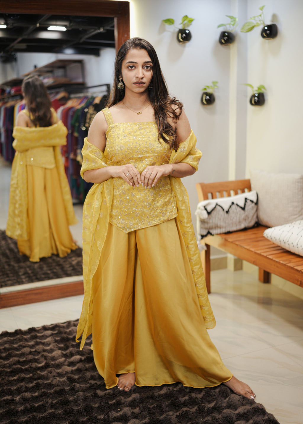 [PBC1014] Sunburst Yellow Sequin Embroidered Monogram Fabric Frill A-Line Top – full-length front view with matching bottoms and dupatta