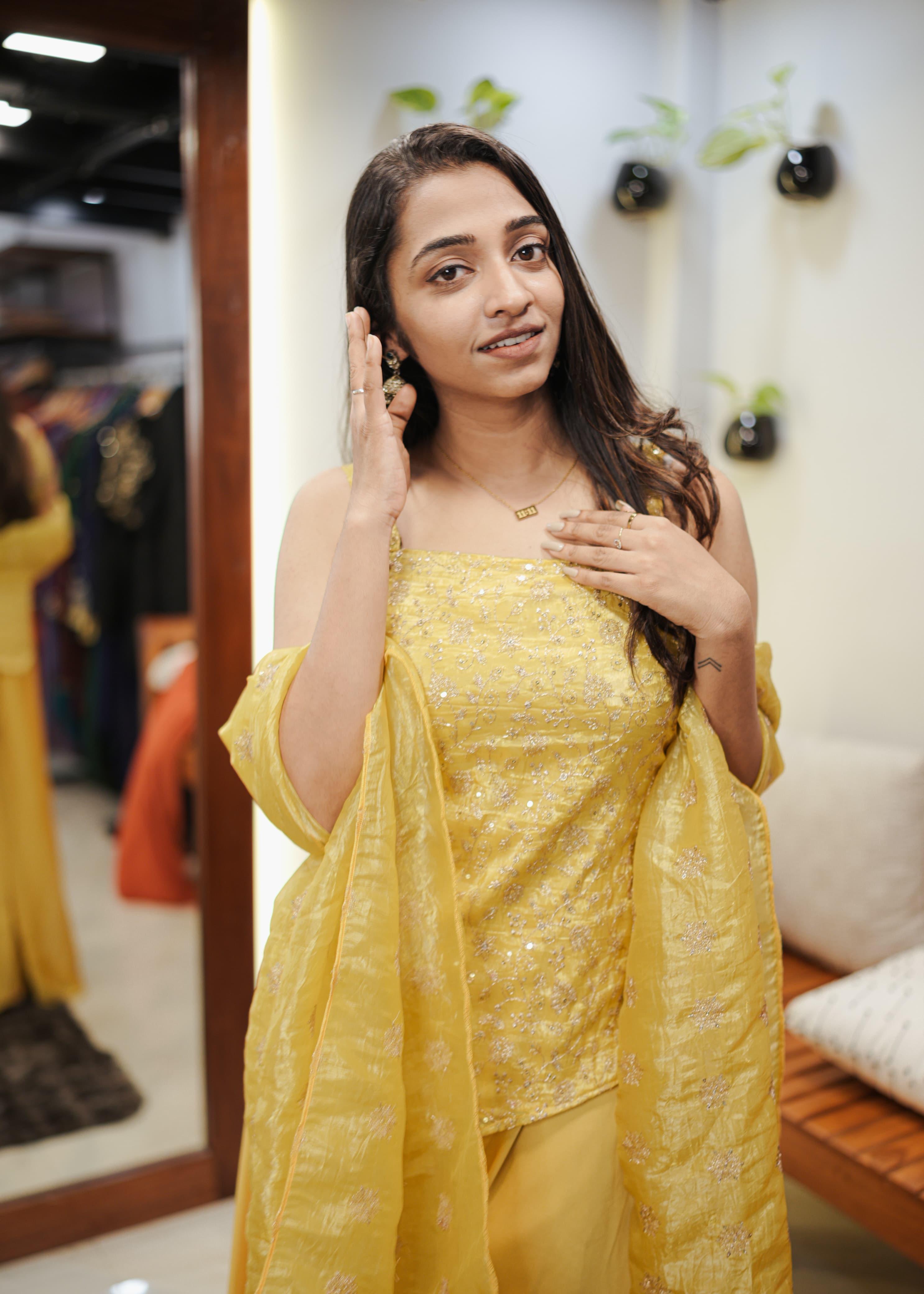 [PBC1014] Sunburst Yellow Sequin Embroidered Monogram Fabric – half-body portrait showing embroidery and dupatta