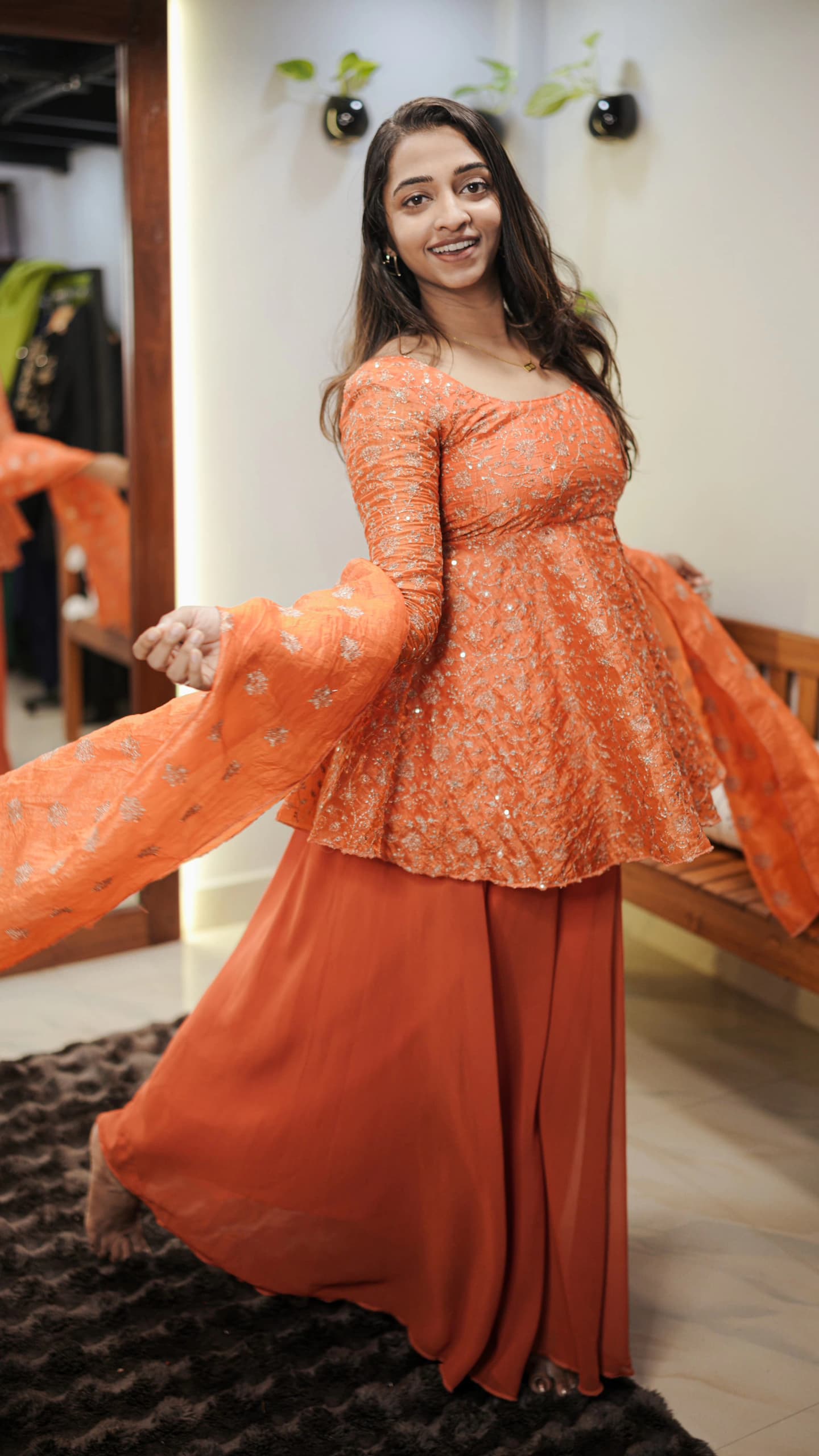 [PBC1015] Tangerine Silver Floral Embroidered Monogram Fabric Frill A-Line Top – full-length angled view with matching bottoms and dupatta