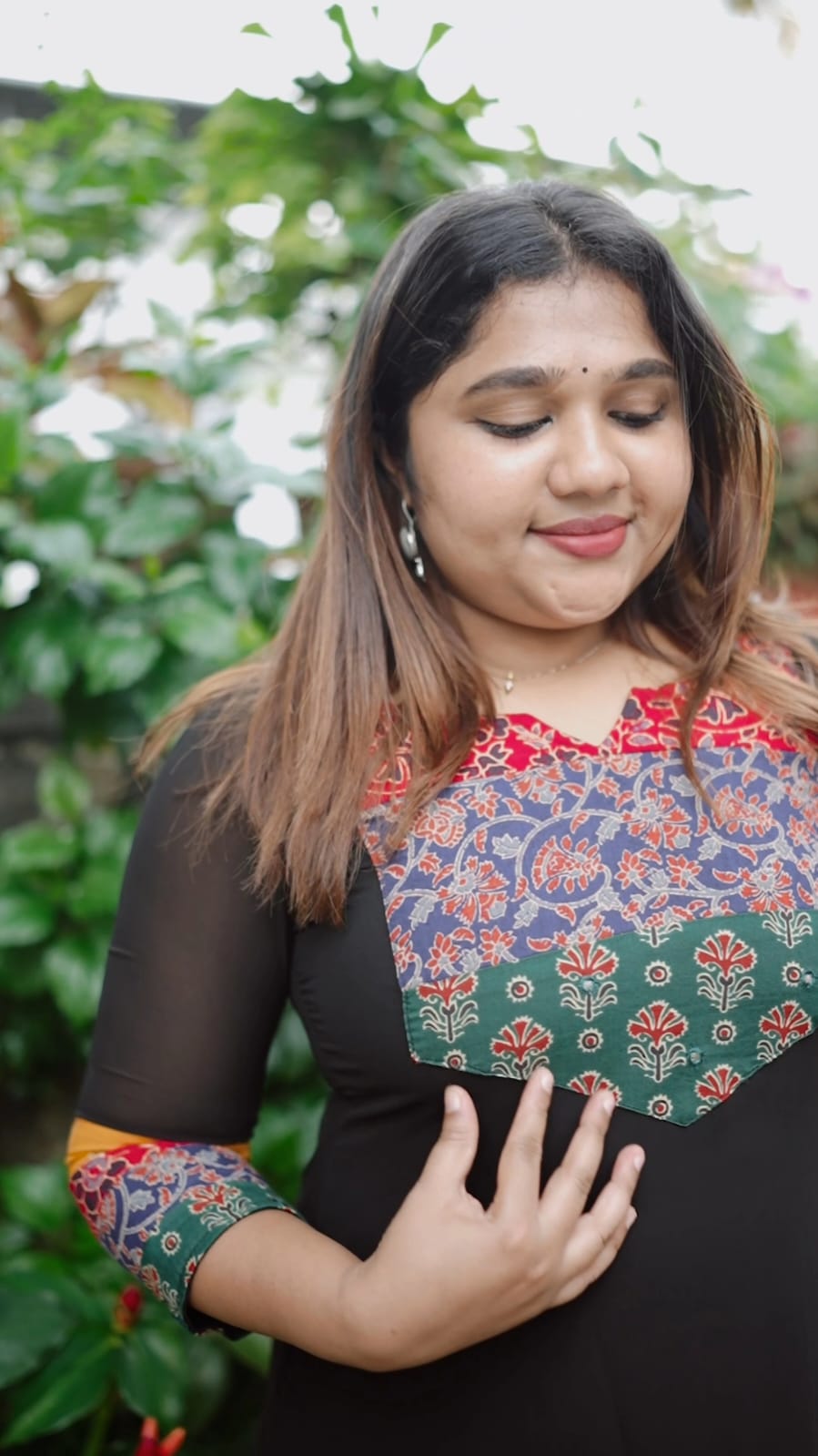 Close-up of multicolour heritage block-print yoke on [PBC1016] – kalamkari-inspired panel in indigo, red, and green