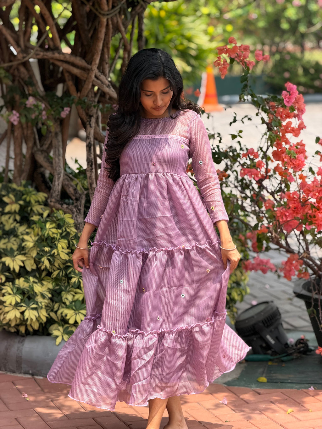 [PBC1017] Dusty Mauve Meadow Jaipur Hand-Block Cotton Frill Dress – full-length front view, outdoor