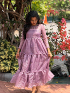 [PBC1017] Dusty Mauve Meadow Jaipur Hand-Block Cotton Frill Dress – full-length front view, outdoor