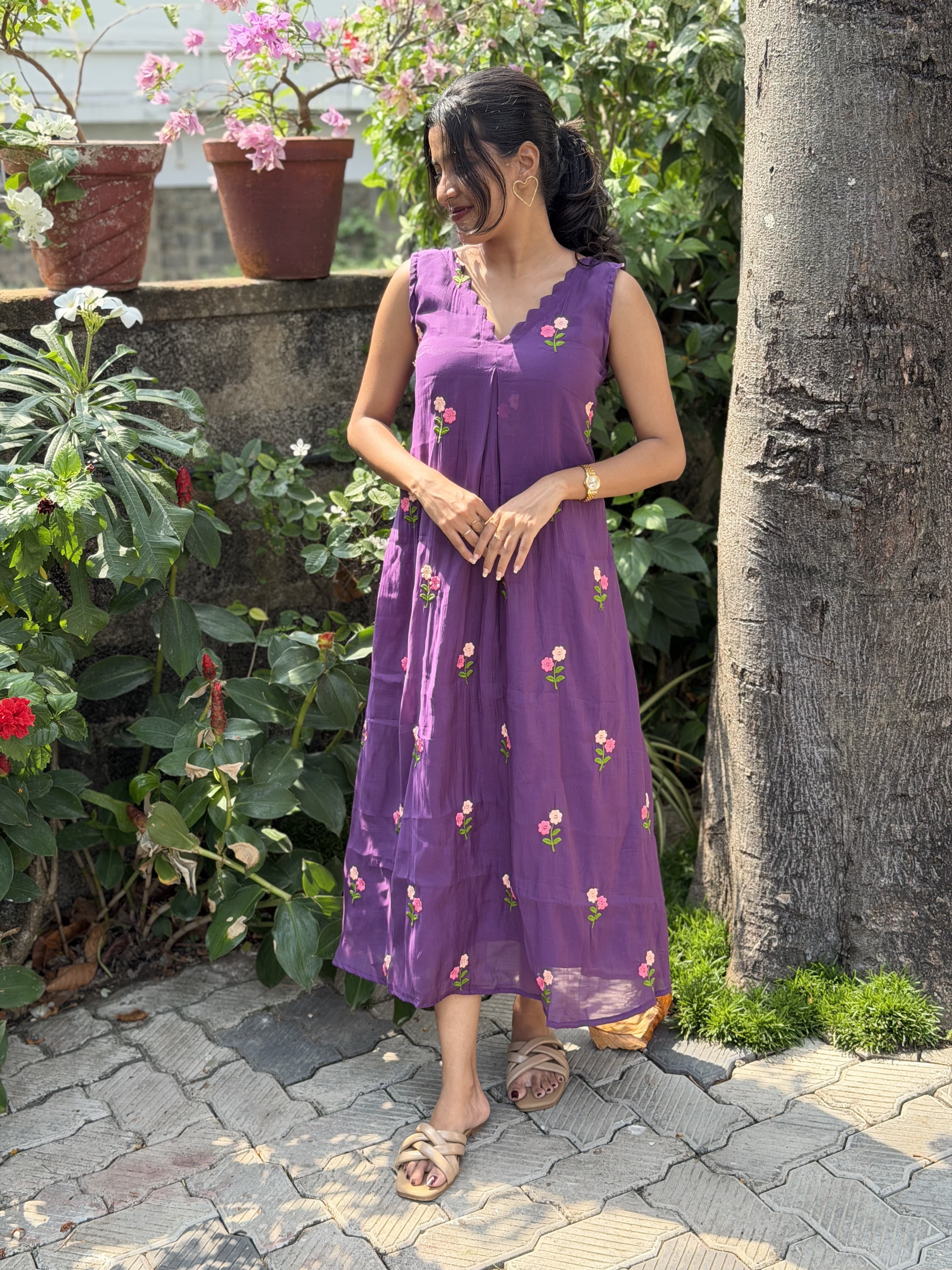 [PBC1018] Royal Violet Embroidered Handloom Chanderi Silk Frill Dress – full-length front view, outdoor garden with bougainvillea