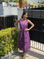 [PBC1018] Royal Violet Embroidered Handloom Chanderi Silk Frill Dress – full-length front view against gate