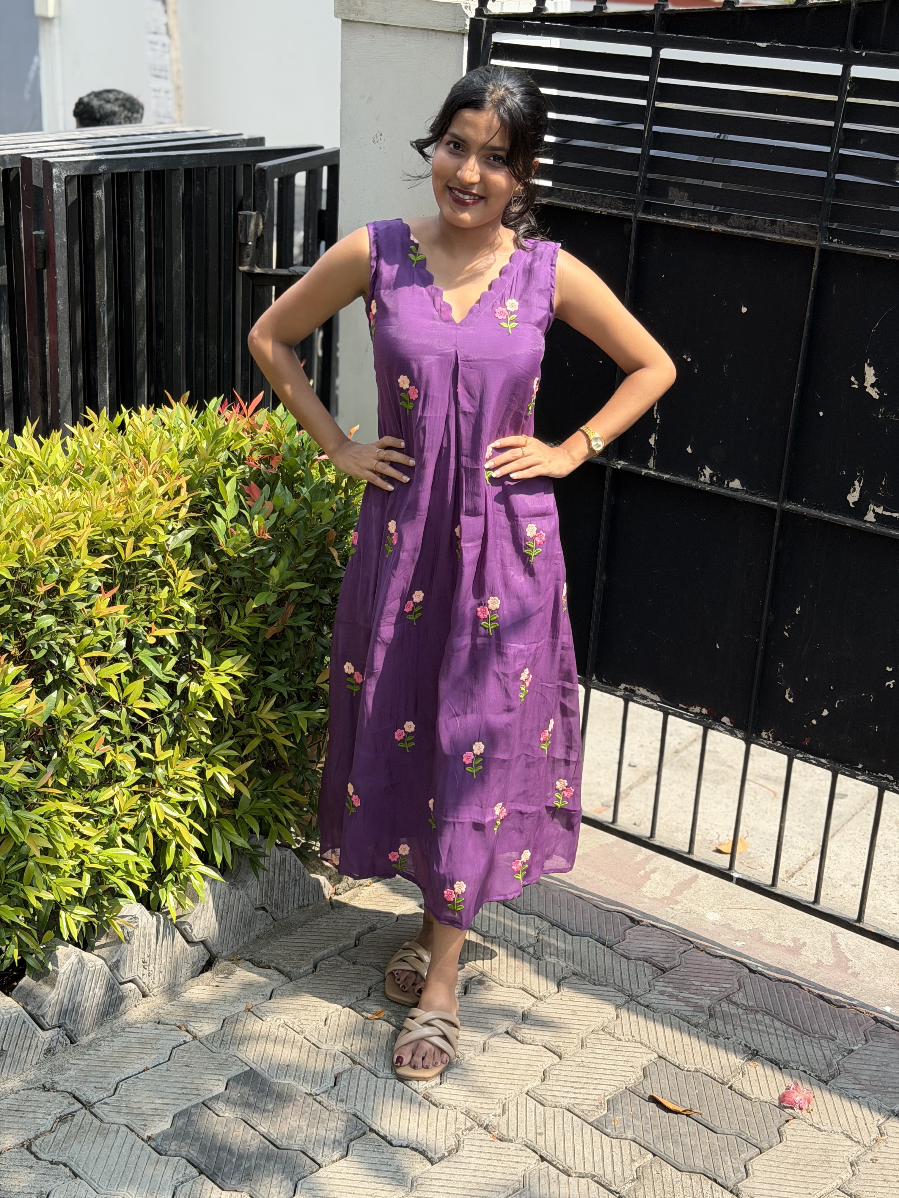 [PBC1018] Royal Violet Embroidered Handloom Chanderi Silk Frill Dress – full-length front view, alternate pose