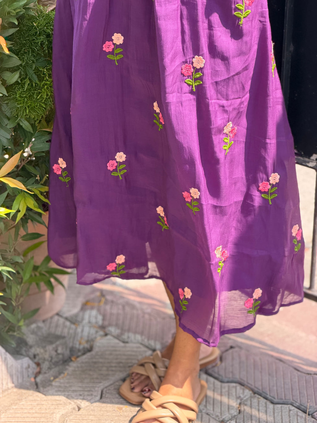 Hem and skirt detail of [PBC1018] Royal Violet Embroidered Chanderi Silk – showing fabric drape and floral motifs