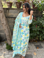 [PBC1020] Summer Floral Jaipur Hand-Block Cotton – Mint colourway, full-length angled view with matching bottoms and dupatta