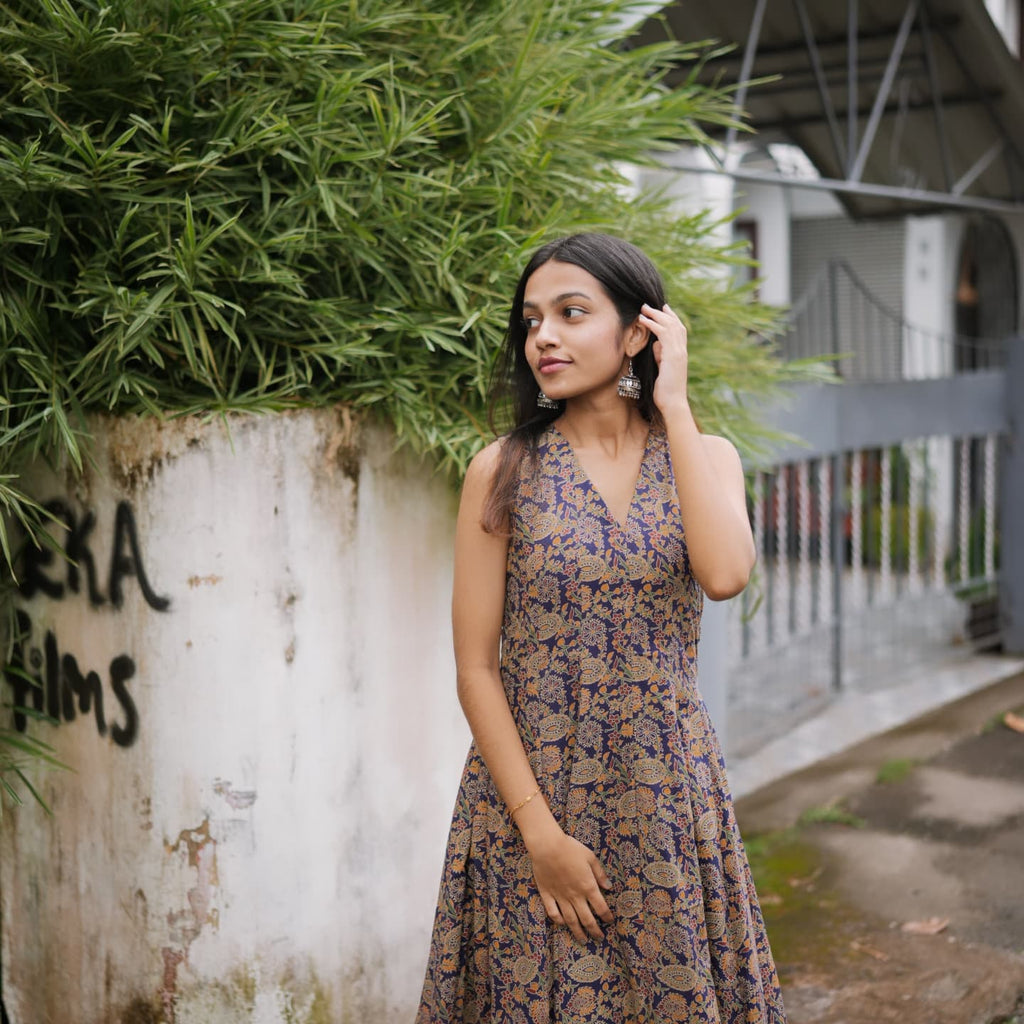 [PBC1023] Heritage Indigo Kalamkari Jaipur Hand-Block Cotton Panel-Cut Anarkali – full-length front view, outdoor