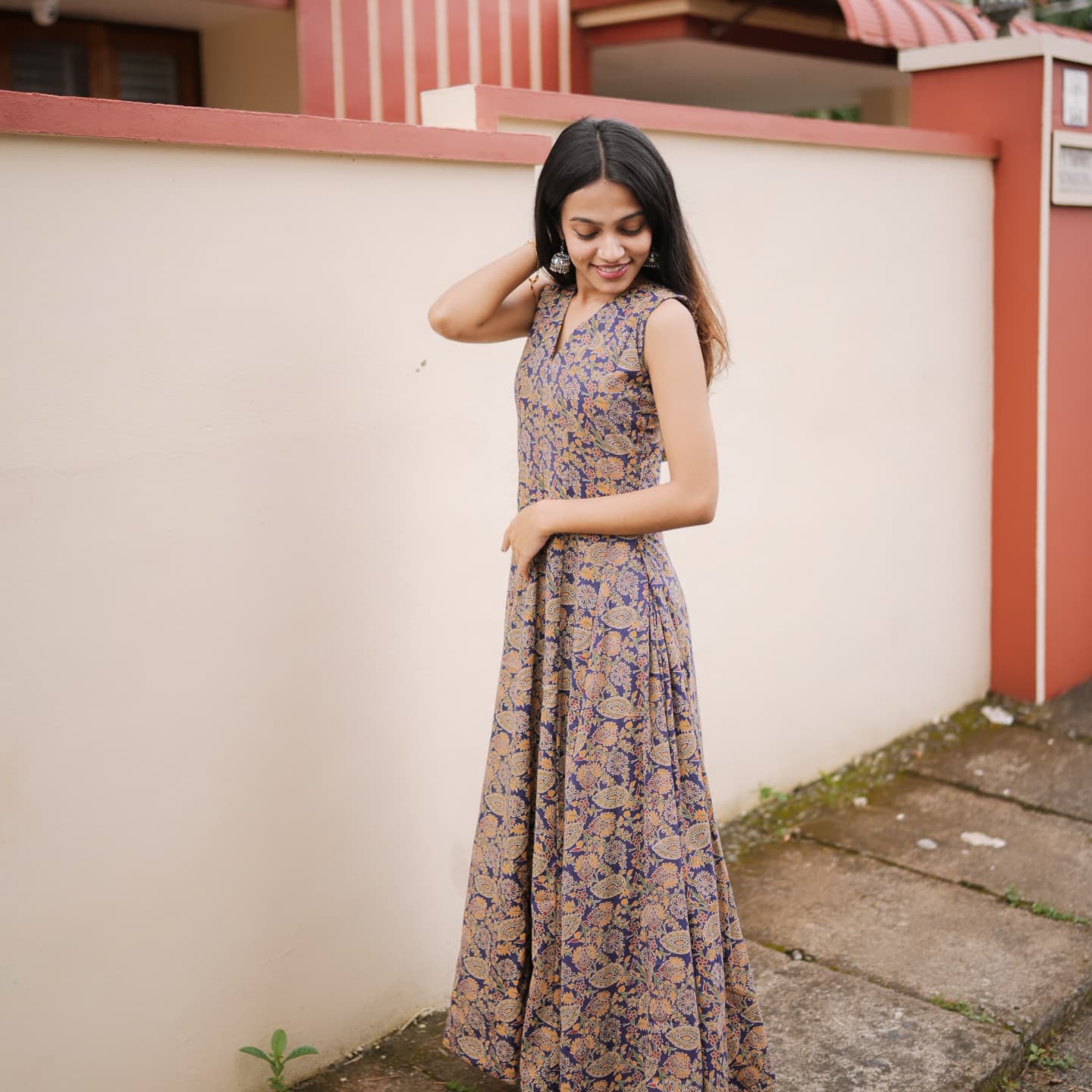 [PBC1023] Heritage Indigo Kalamkari Jaipur Hand-Block Cotton Panel-Cut Anarkali – full-length side view, angled