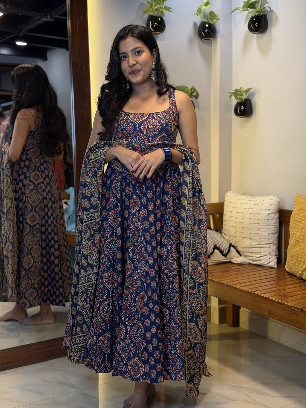 [PBC1024] Royal Indigo Ajrakh Jaipur Hand-Block Cotton Panel-Cut Anarkali – full-length front view with dupatta, indoor studio