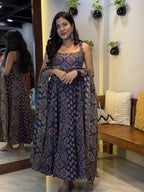 [PBC1024] Royal Indigo Ajrakh Jaipur Hand-Block Cotton Panel-Cut Anarkali – full-length front view with dupatta, indoor studio