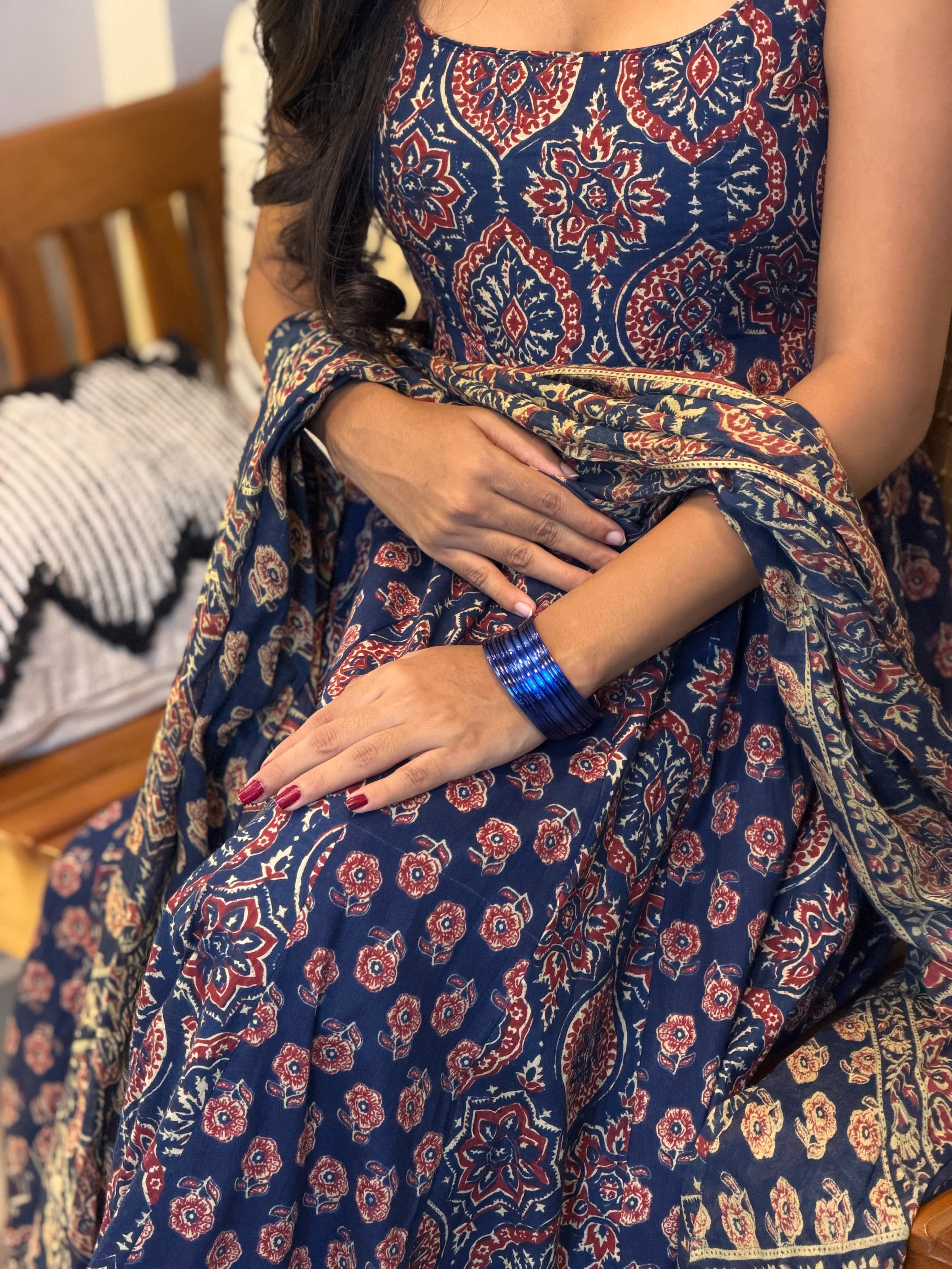 Fabric detail of [PBC1024] Royal Indigo Ajrakh – dense ajrakh geometric-floral print in navy, red, and cream