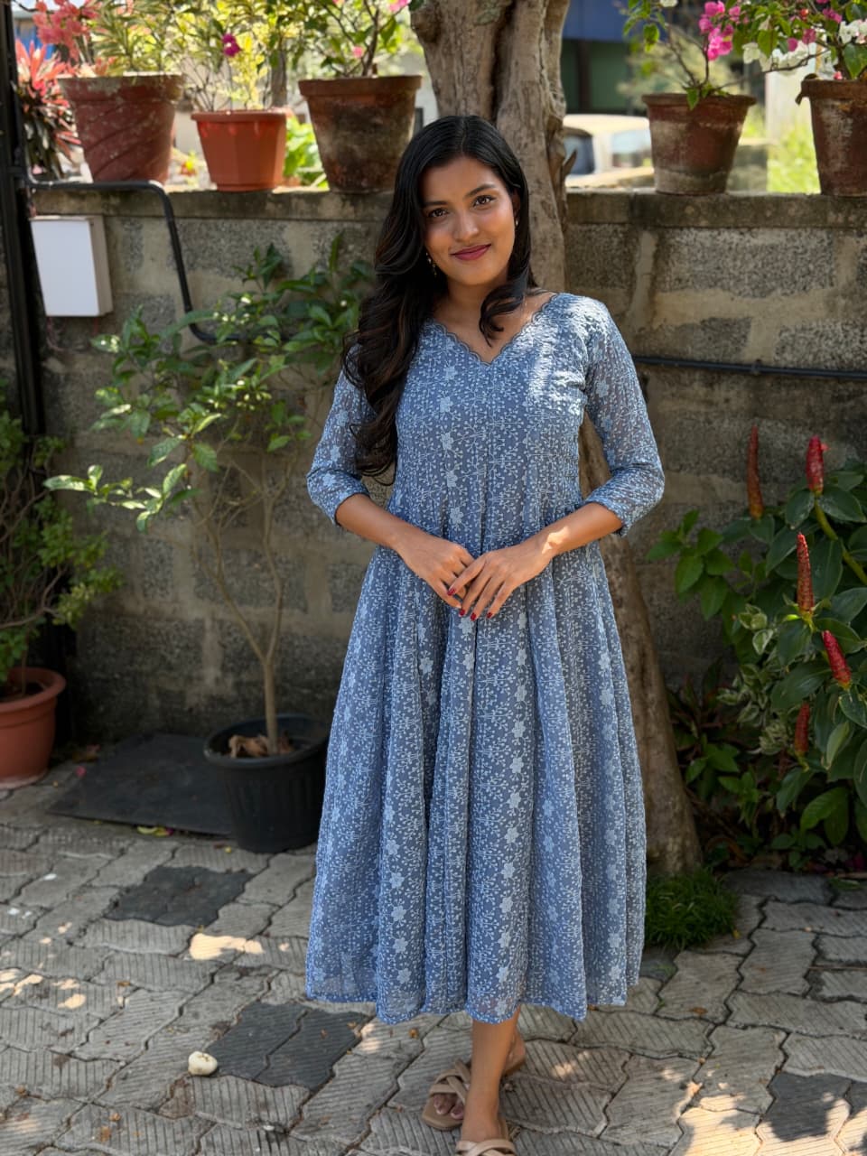 [PBC1025] Slate Blue Chikankari Handloom Chanderi Silk Panel-Cut Anarkali – full-length front view, outdoor garden