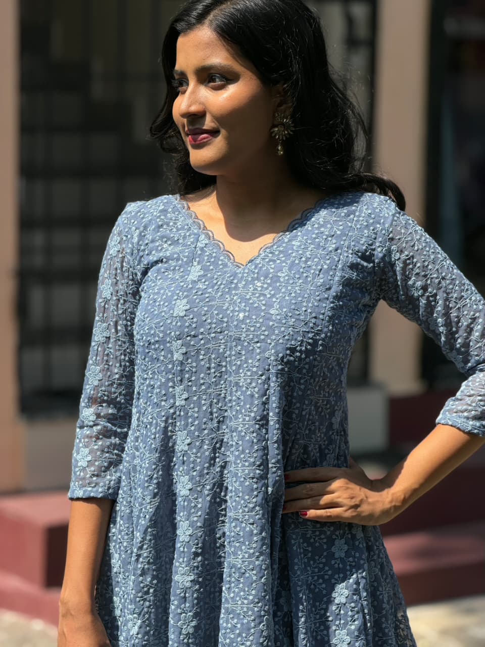 [PBC1025] Slate Blue Chikankari Handloom Chanderi Silk – upper body portrait showing neckline and chikankari embroidery