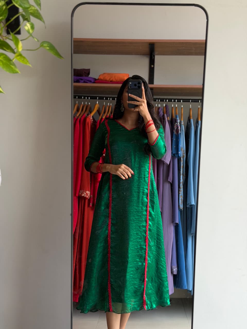 [PBC1026] Emerald Green Fendi Organza – full-length mirror view showing A-Line silhouette and red lace trim