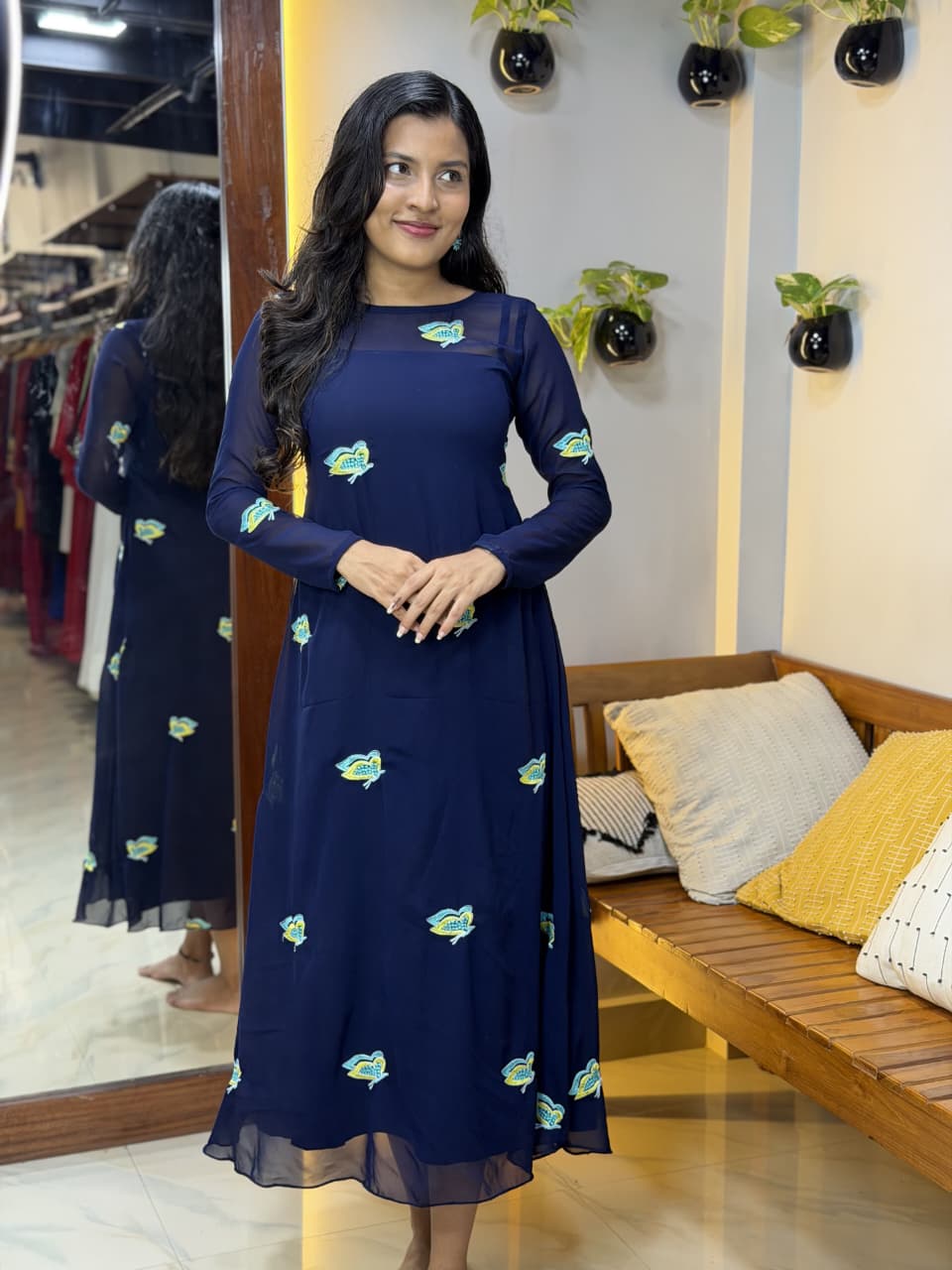 [PBC1027] Navy Butterfly Embroidered Georgette – full-length front view showing butterfly embroidery