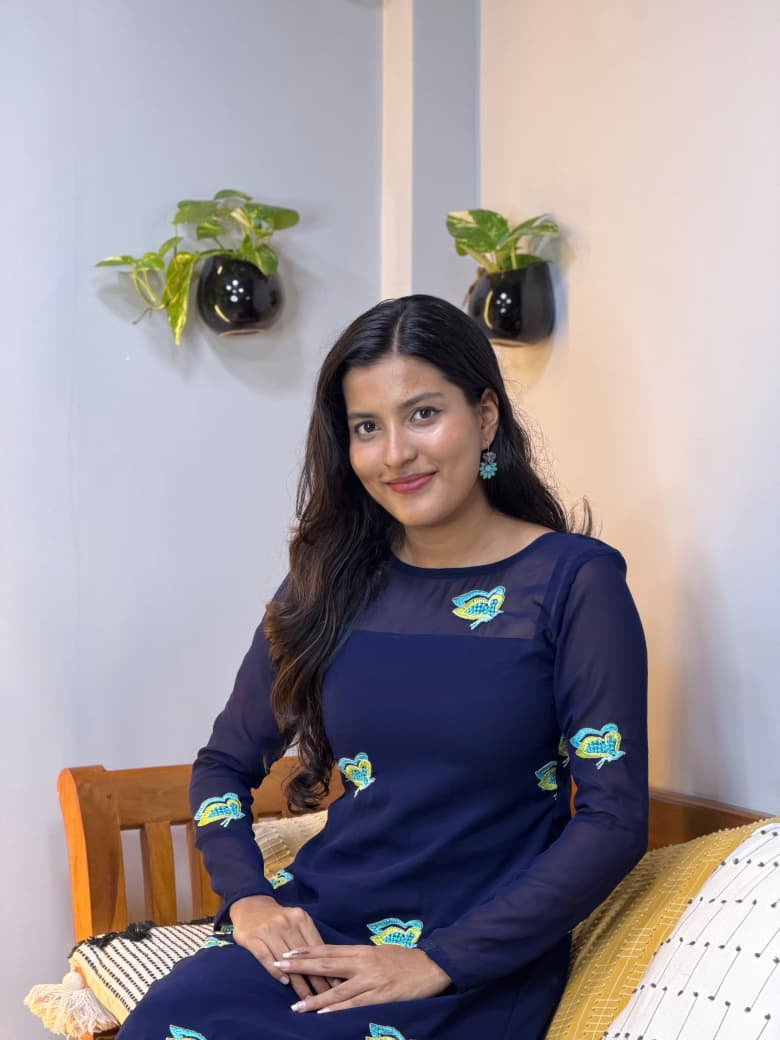 [PBC1027] Navy Butterfly Embroidered Georgette – upper body portrait showing embroidery and sheer yoke panel